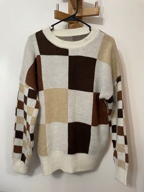 Chunky Check Knit Sweater - Cream & Brown